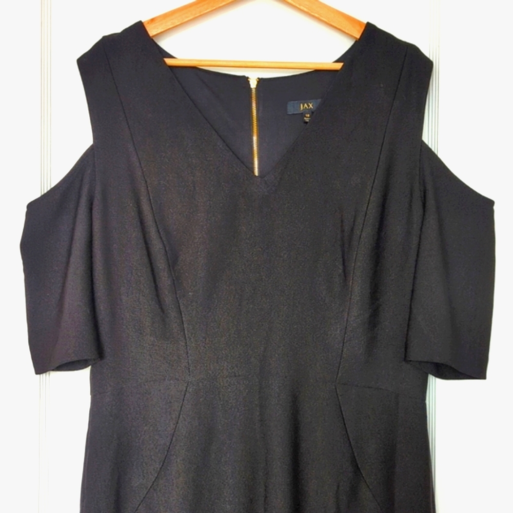 JAX V Neck Cold Shoulder Black Midi Length Sheath Dress Size 16